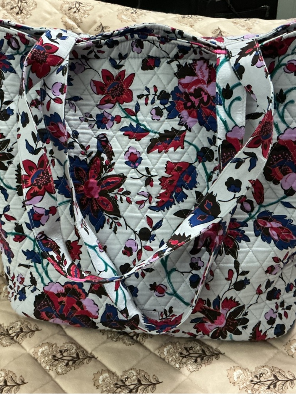Vera Bradley Grey Quilted Shoulder Bag with Pink & Blue Floral Print